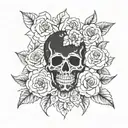 A blackwork tattoo design combining flowers and skulls in a symmetrical pattern tattoo design idea