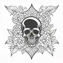 A blackwork tattoo design combining flowers and skulls in a symmetrical pattern tattoo design idea
