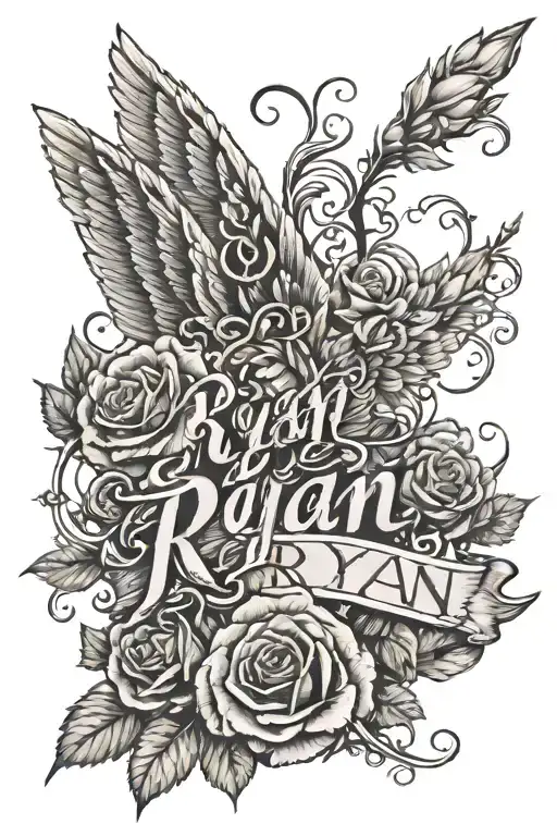 An intricate design of the name 'Ryan' intertwined with angel wings and realistic roses tattoo design idea
