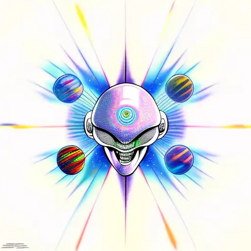 cartoon alien third eye in space fine line tattoo design idea