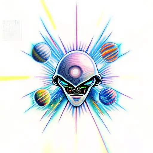 cartoon alien third eye in space fine line tattoo design idea