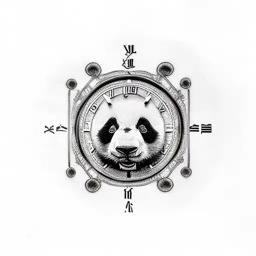 panda with a clock in a labyrinth tattoo design idea