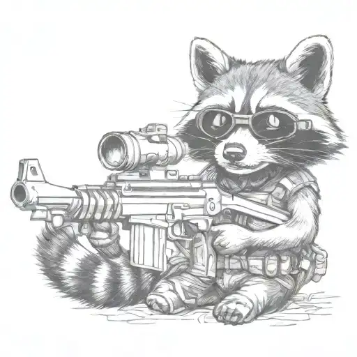 military raccoon standing with goggles and gun tattoo design idea