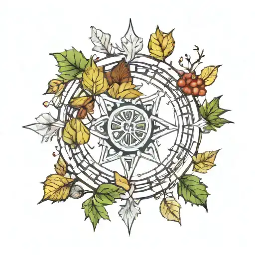 please use Alder tree leaves going from green to fall colors with the pagan wheel of time in the background tattoo design idea