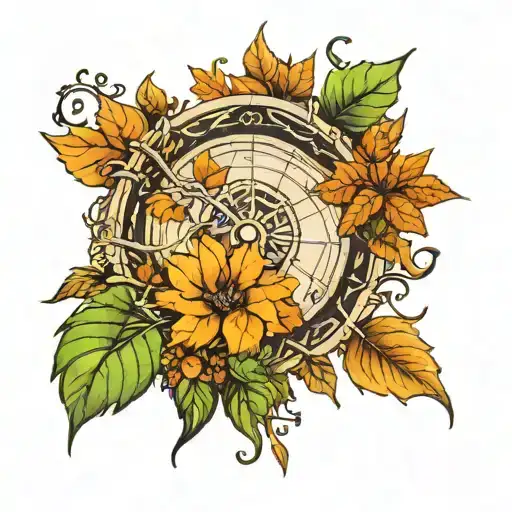 please use Alder tree leaves going from green to fall colors with the wheel of time in the background tattoo design idea