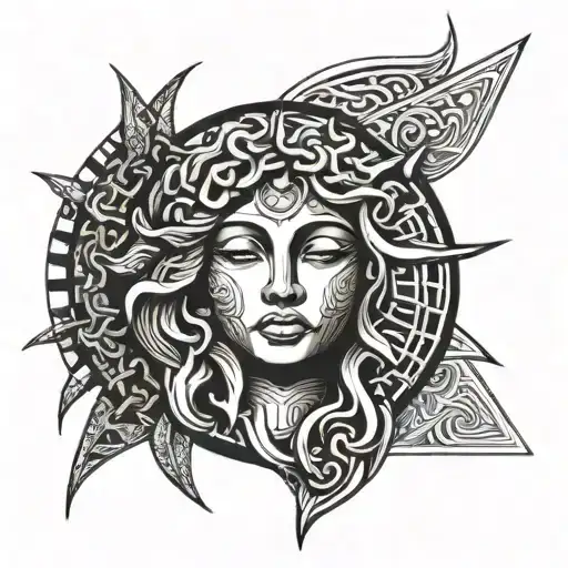 half Medusa head half sun tattoo design idea