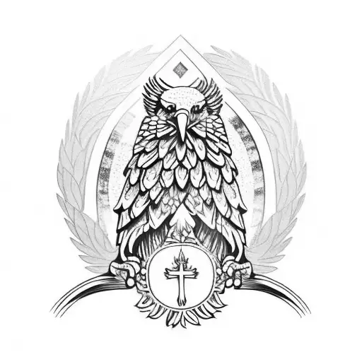 forest with polish eagle in front and holding Christian cross tattoo design idea