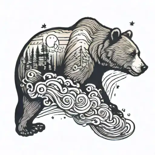 1/4 sleeve tattoo bicep tattoo, bear calmly in a river looking up at the night sky tattoo design idea