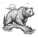 1/4 sleeve tattoo bicep tattoo, bear calmly in a river looking up at the night sky tattoo design idea