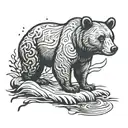 1/4 sleeve tattoo bicep tattoo, bear calmly in a river looking up at the night sky tattoo design idea