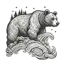 1/4 sleeve tattoo bicep tattoo, bear calmly in a river looking up at the night sky tattoo design idea