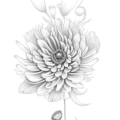 violet, poppy and chrysanthemum bouquet  tattoo design idea