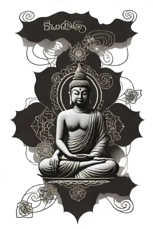 Buddha sitting and mantra written in Sanskrit tattoo design idea