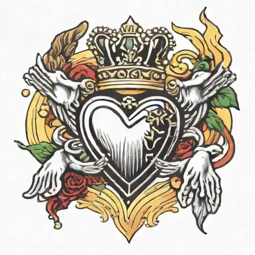 claddagh with rosary around the hands holding the heart on fire tattoo design idea