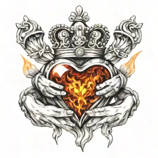 claddagh with rosary around the hands holding the heart on fire tattoo design idea
