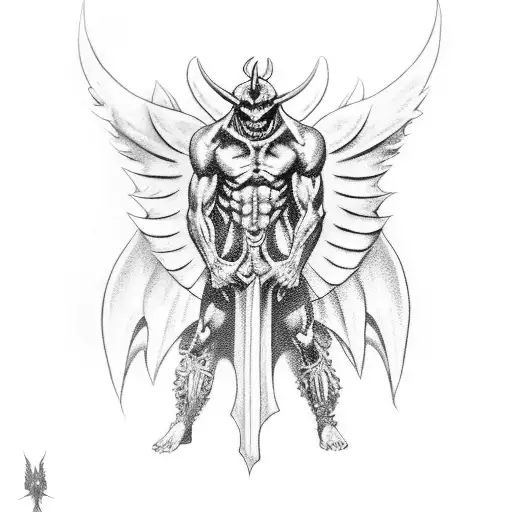 demon with angel wings wrapped around his body tattoo design idea