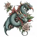 bloody dragon in roses tattoo design idea