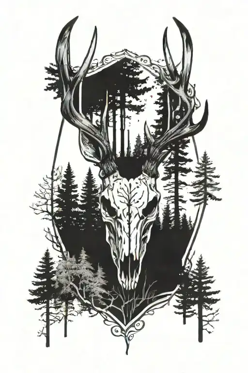 white tail deer skull with forest background  tattoo design idea