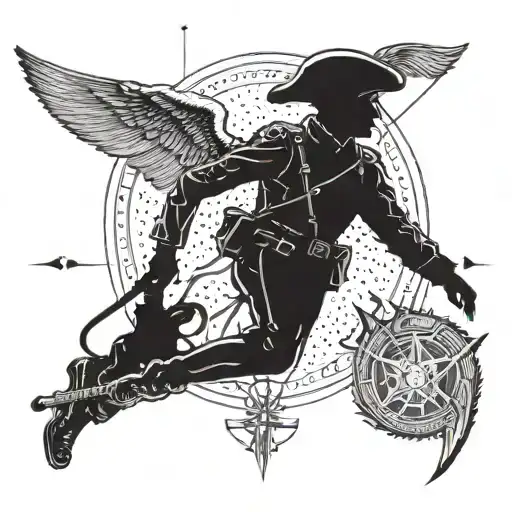 An intricate dotwork design featuring a soldier's silhouette morphing into an angelic figure, representing the transition from military life to a higher existence tattoo design idea