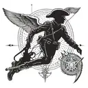 An intricate dotwork design featuring a soldier's silhouette morphing into an angelic figure, representing the transition from military life to a higher existence tattoo design idea