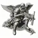An intricate dotwork design featuring a soldier's silhouette morphing into an angelic figure, representing the transition from military life to a higher existence tattoo design idea