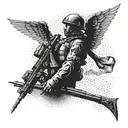 An intricate dotwork design featuring a soldier's silhouette morphing into an angelic figure, representing the transition from military life to a higher existence tattoo design idea