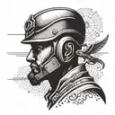 An intricate dotwork design featuring a soldier's silhouette morphing into an angelic figure, representing the transition from military life to a higher existence tattoo design idea