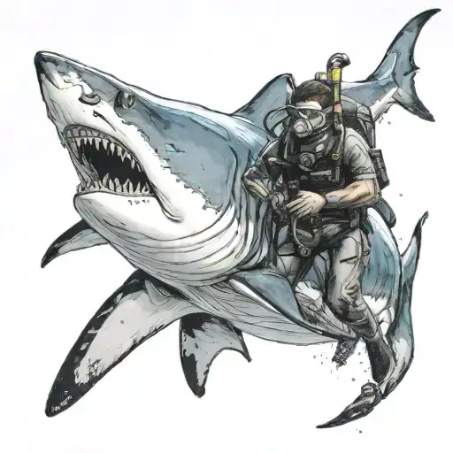 A realistic portrayal of a scuba diver swimming alongside a bull shark, with subtle hints of Arsenal colors incorporated in the background tattoo design idea