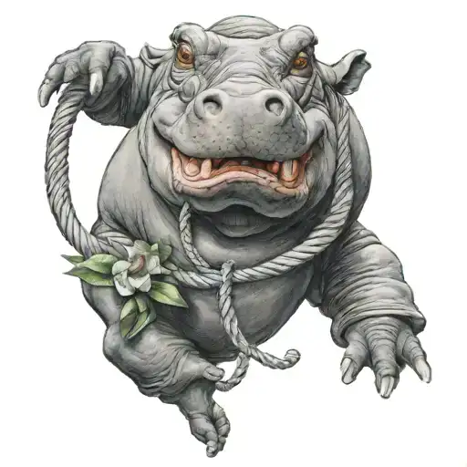 hippo gisting with rope in a french lily tattoo design idea