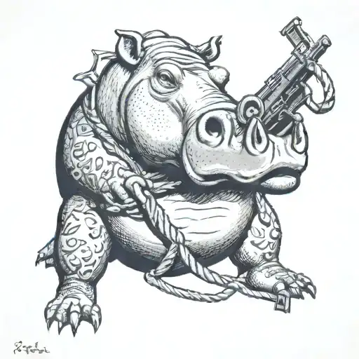 hippo gisting with rope in a french lily on a mountaint with a light machine gun And ammo around his neck  tattoo design idea