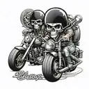 A chopper motorcycle with two pistons and two skulls wearing helmets, one feminine with the name Leonor and the other masculine with the name Diogo tattoo design idea