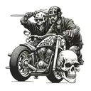 A chopper motorcycle with two pistons and two skulls wearing helmets, one feminine with the name Leonor and the other masculine with the name Diogo tattoo design idea