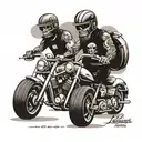 A chopper motorcycle with two pistons and two skulls wearing helmets, one feminine with the name Leonor and the other masculine with the name Diogo tattoo design idea