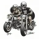 A chopper motorcycle with two pistons and two skulls wearing helmets, one feminine with the name Leonor and the other masculine with the name Diogo tattoo design idea