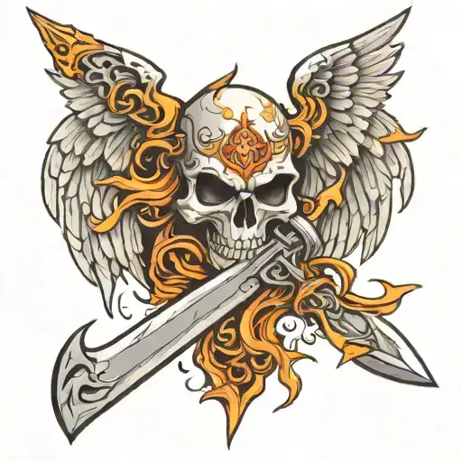 skull fire angel sword stuck tattoo design idea