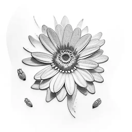 Realistic, black and grey tattoo, 2 daisy’s in the centre, water lily in background, 2 violets on each side, 1 morning g tattoo design idea