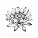 Realistic, black and grey tattoo, 2 daisy’s in the centre, water lily in background, 2 violets on each side, 1 morning g tattoo design idea