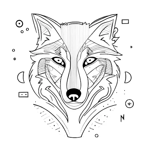 one line making a wolf shape, a wave, a button and a house  tattoo design idea