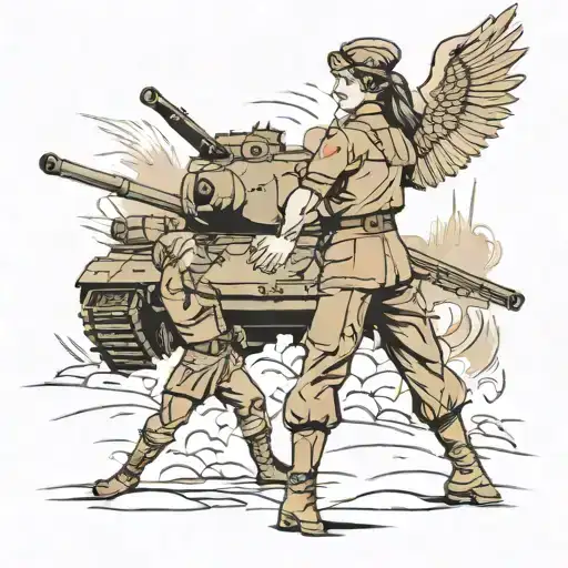 girl angel stands behind a Russian soldier against the background of a Russian tank firing a cannon tattoo design idea