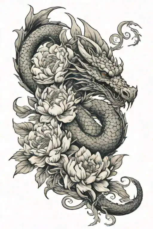 dragon and peony flowers tattoo design idea