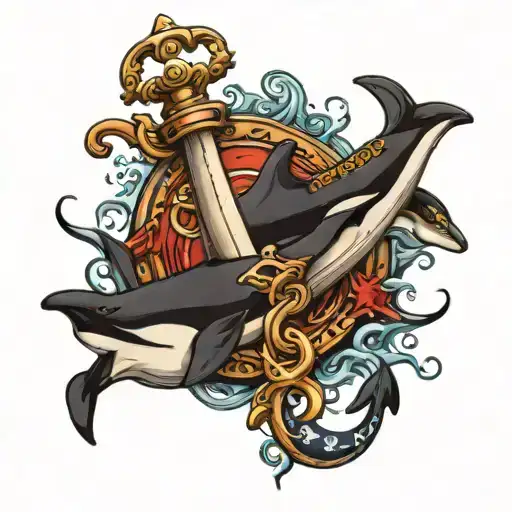 fouled anchor, trident and killer whale swimming tattoo design idea
