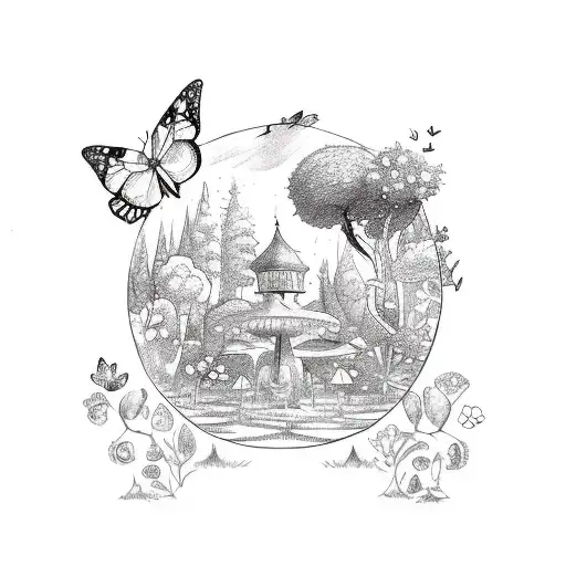 A sketch style tattoo of a whimsical garden filled with whimsical flowers, butterflies, and birds, capturing the essence of a peaceful countryside retreat tattoo design idea