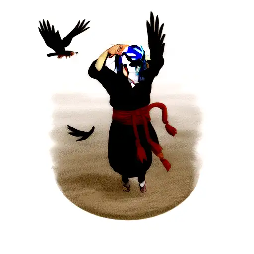 itachi's eyes with his akatsuki headband and crows around him tattoo design idea