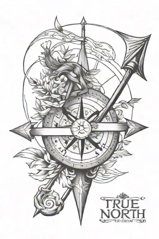 true north arrow, family, balance scale tattoo design idea