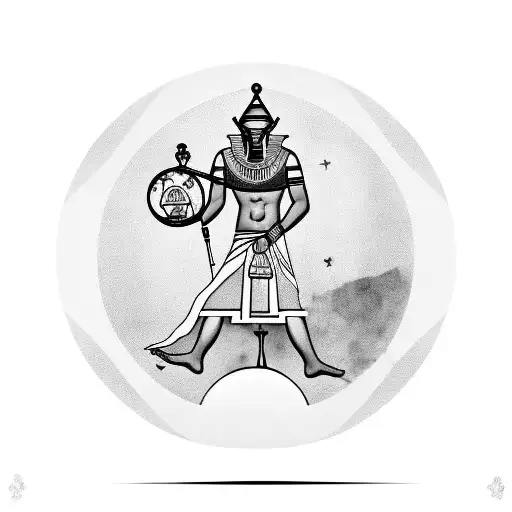 A black-grey tattoo of a scientist holding a globe, with ancient Egyptian symbols and Roman numerals representing the concept of time tattoo design idea