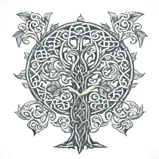 A Celtic tree of life design with each branch representing a member of the client's family, done in intricate dotwork tattoo design idea