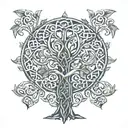 A Celtic tree of life design with each branch representing a member of the client's family, done in intricate dotwork tattoo design idea