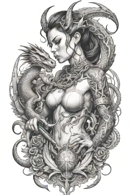 An intricate tattoo of a strong woman with a dragon tearing out of the skin , with elements of guns and hourglasses tattoo design idea