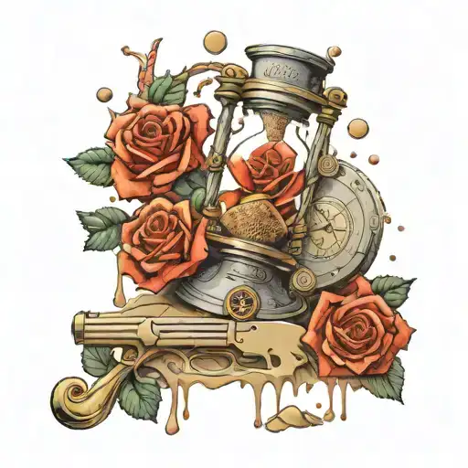 an hourglass cracked pouring sand on the gun that drips blood. Incorporate roses, money, compass, magnifying glass, tattoo design idea
