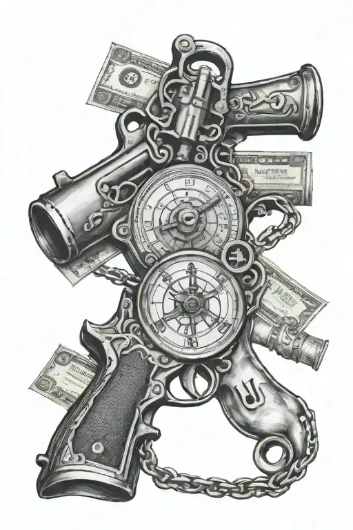 gun intertwinded with money, hourglass, compass, magnifying glass, justice, handcuffs, battle wounds, love tattoo design idea